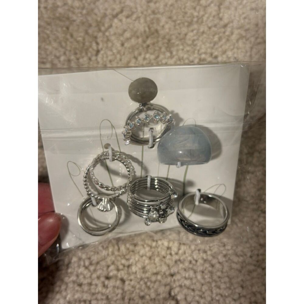 6pc Silver Tone Stackable Ring Set Blue Resin Chunky Rhinestone Boho